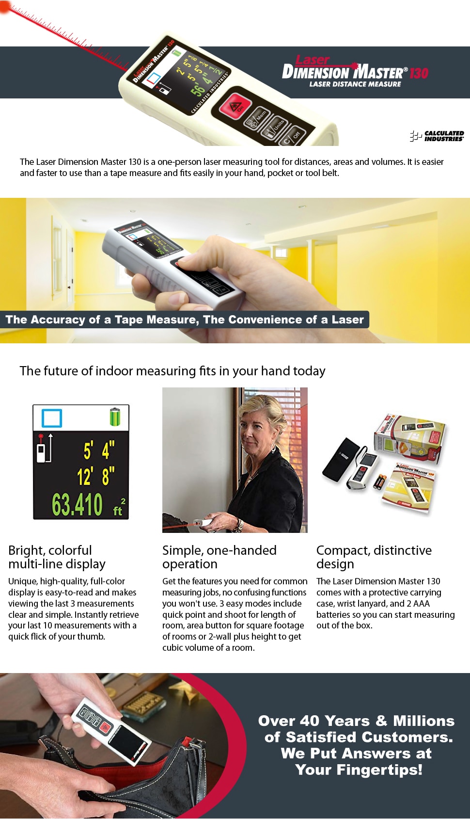 Calculated Industries Laser Dimension Master 130 ft. Laser Measure with Color Display 3356